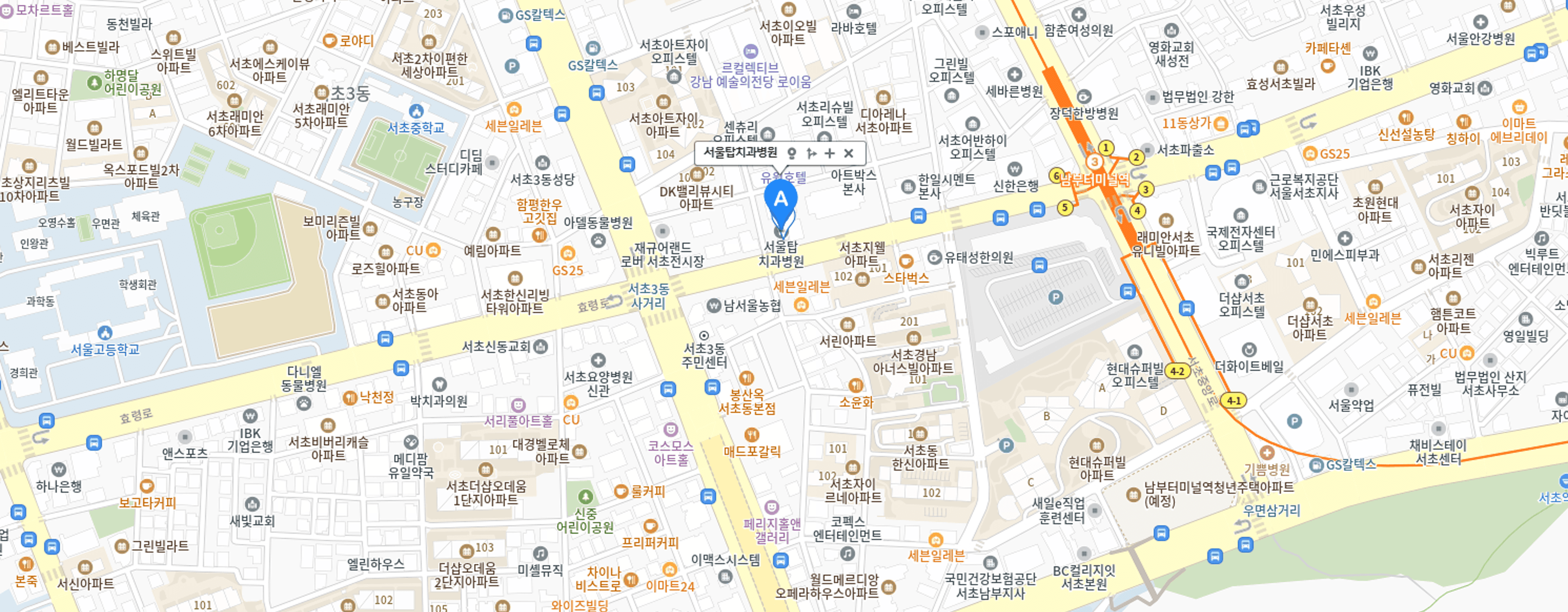 서울탑치과병원 위치 지도 — 3호선 남부터미널역 인근